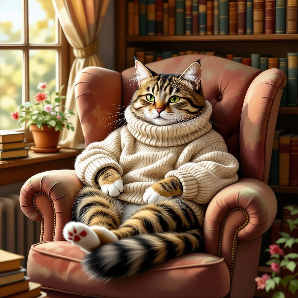 Cozy Cat Reading Nook in Soft Painterly Style
