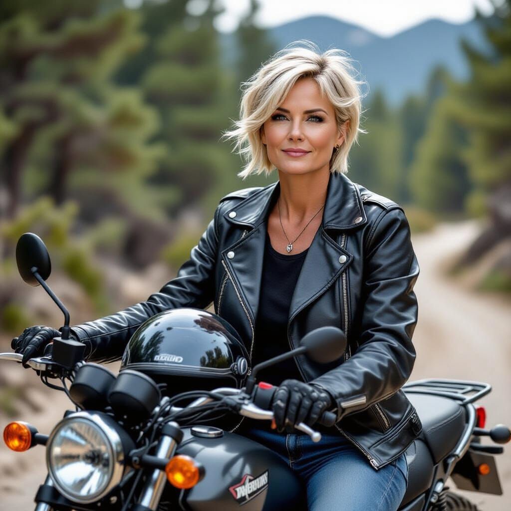 Biker Woman Resting on Her Trailbike