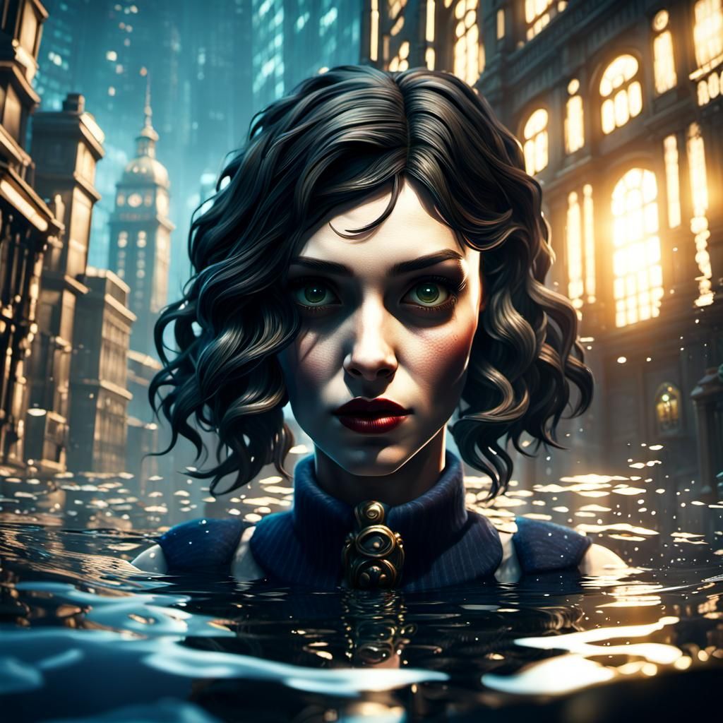Bioshock Girl in Flooded Cityscape: Hyperrealistic Rendering