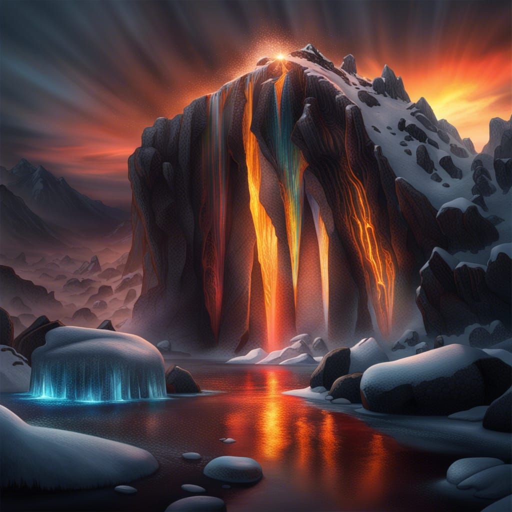 Hyperrealistic Ice World Landscape with Waterfalls