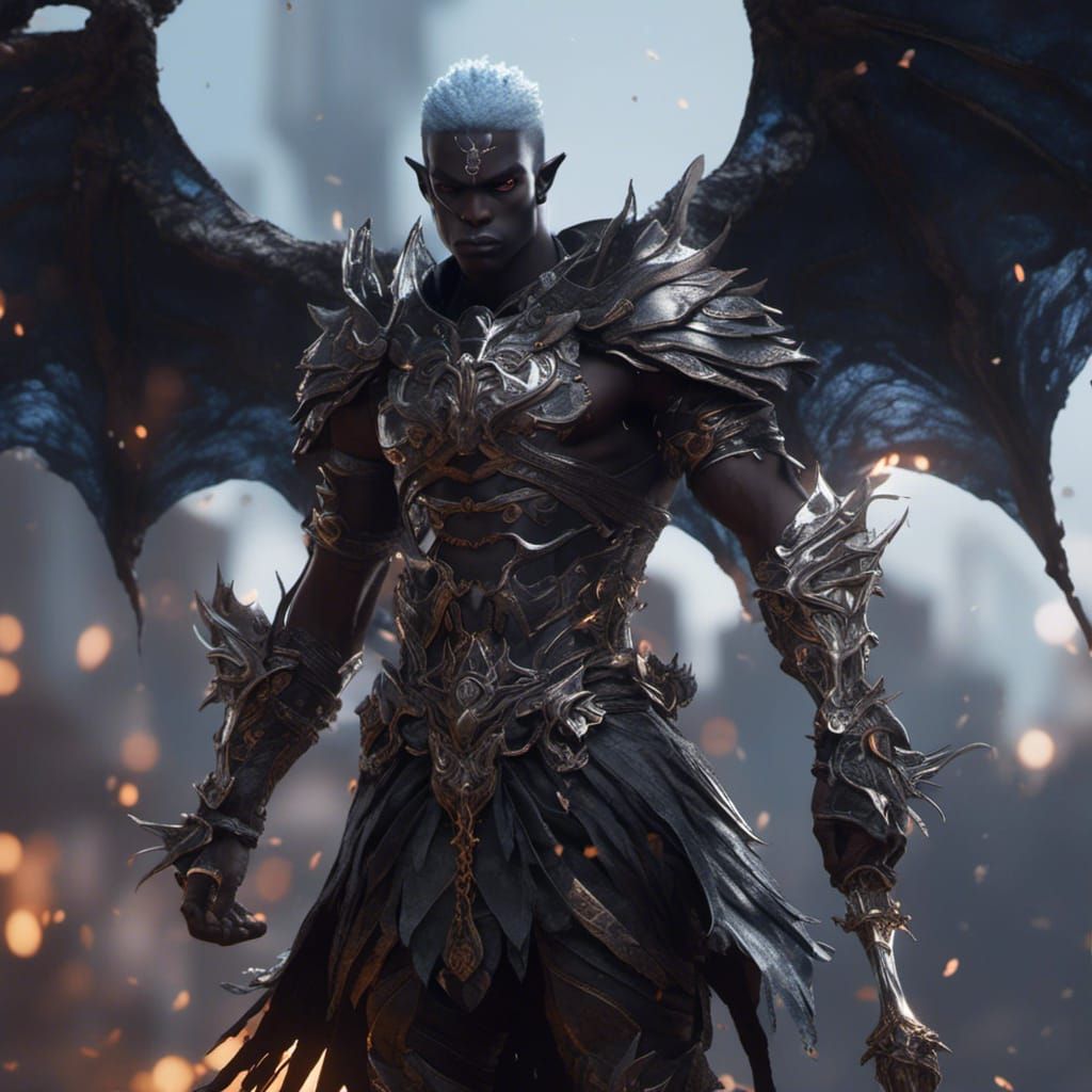 Drow Warrior with Bat Wings in Hyperreal Anime Style