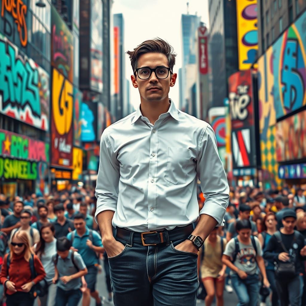 Man in Vibrant Cityscape Amidst Graffiti and Street Art