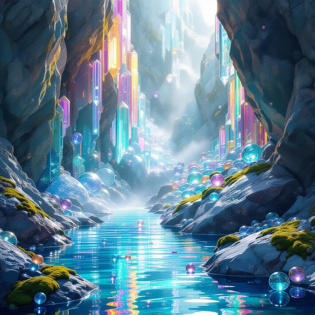 Marble Waterfall Cascading from Crystal Cliff in Fantasy Lan...