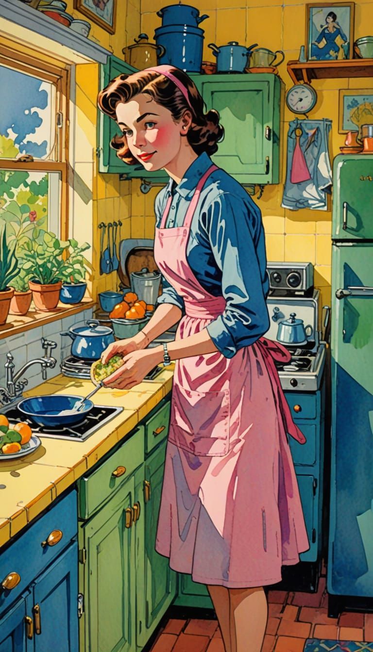 Charming 1950s Housewife in Kitchen, Comic Book Style