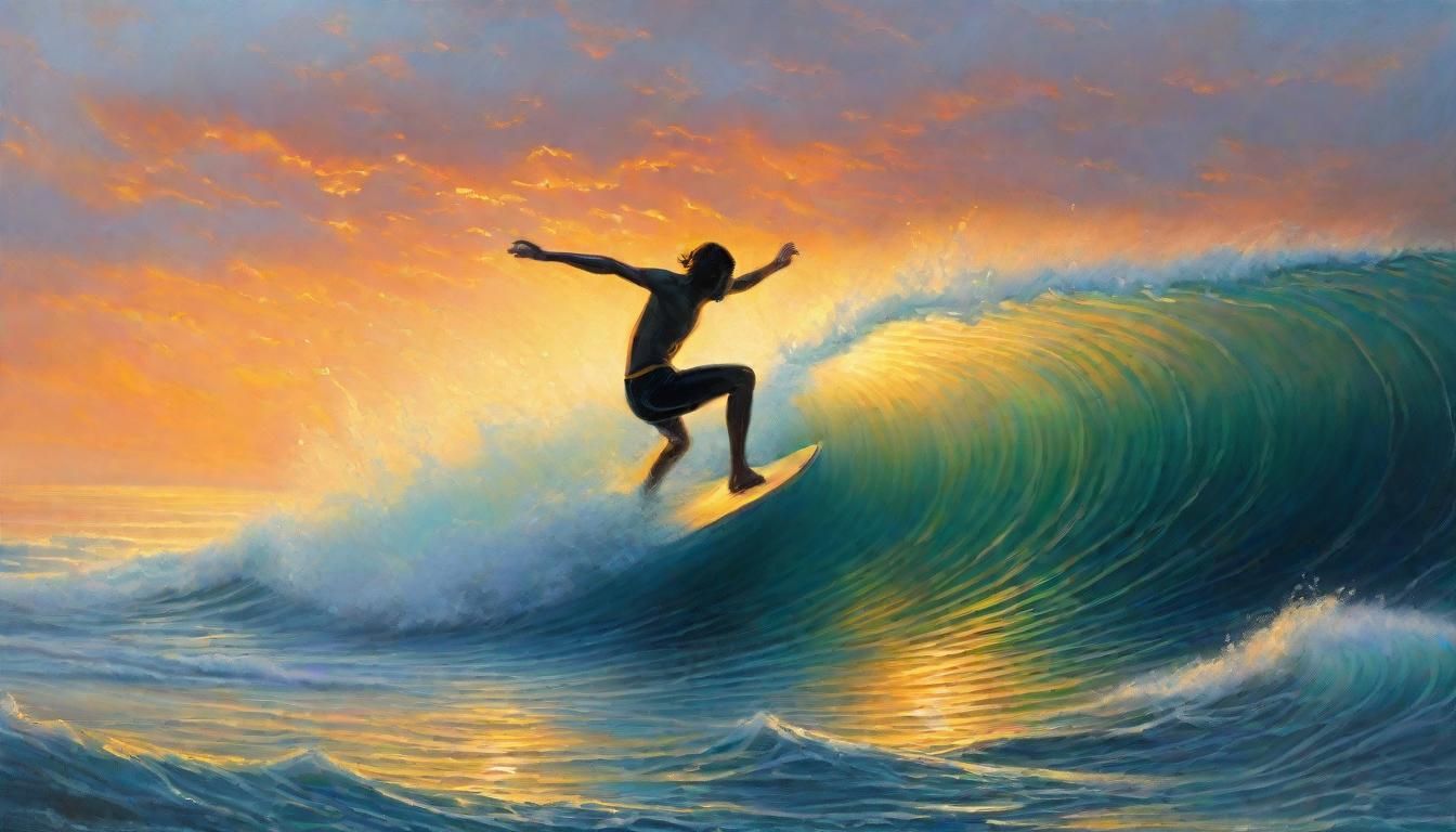 Surfer Rides Glowing Wave in Ethereal Oil Painting