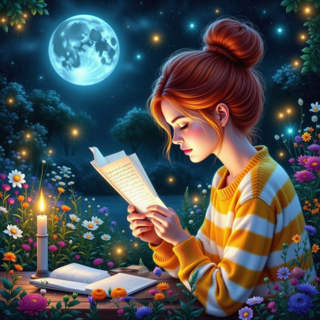 Woman Reading by Candlelight in Garden, Watercolor Style