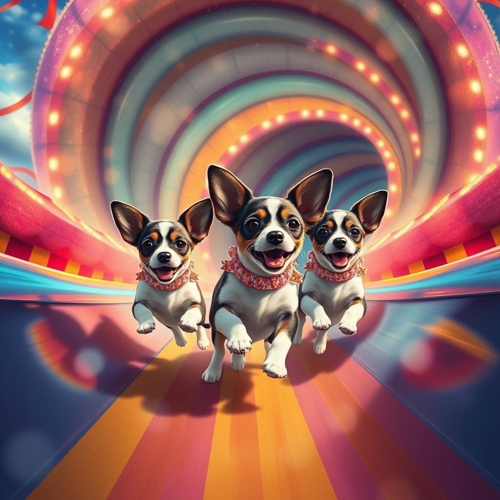 Critters at the the carnival: Jack Russell puppies sliding down giant slide.