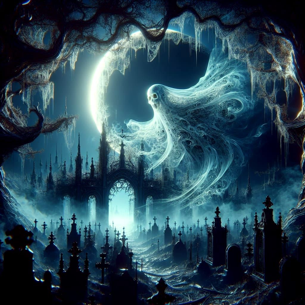 Eerie Graveyard Ghost in Moonlight: A Matte Painting