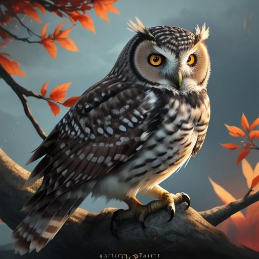 Fluffy Owl Chick at Sunset: Detailed Matte Painting