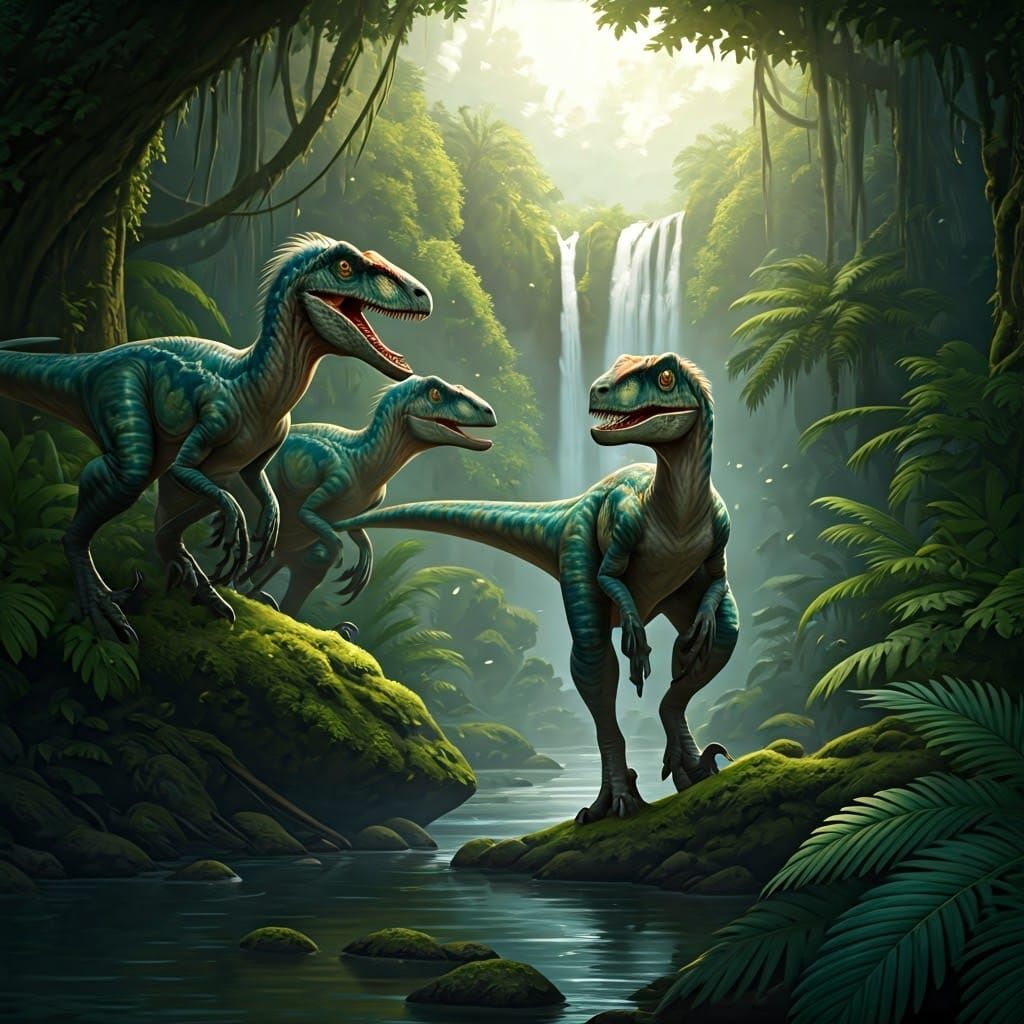 Vibrant Velociraptors in a Lush Jungle Setting, Inspired by....