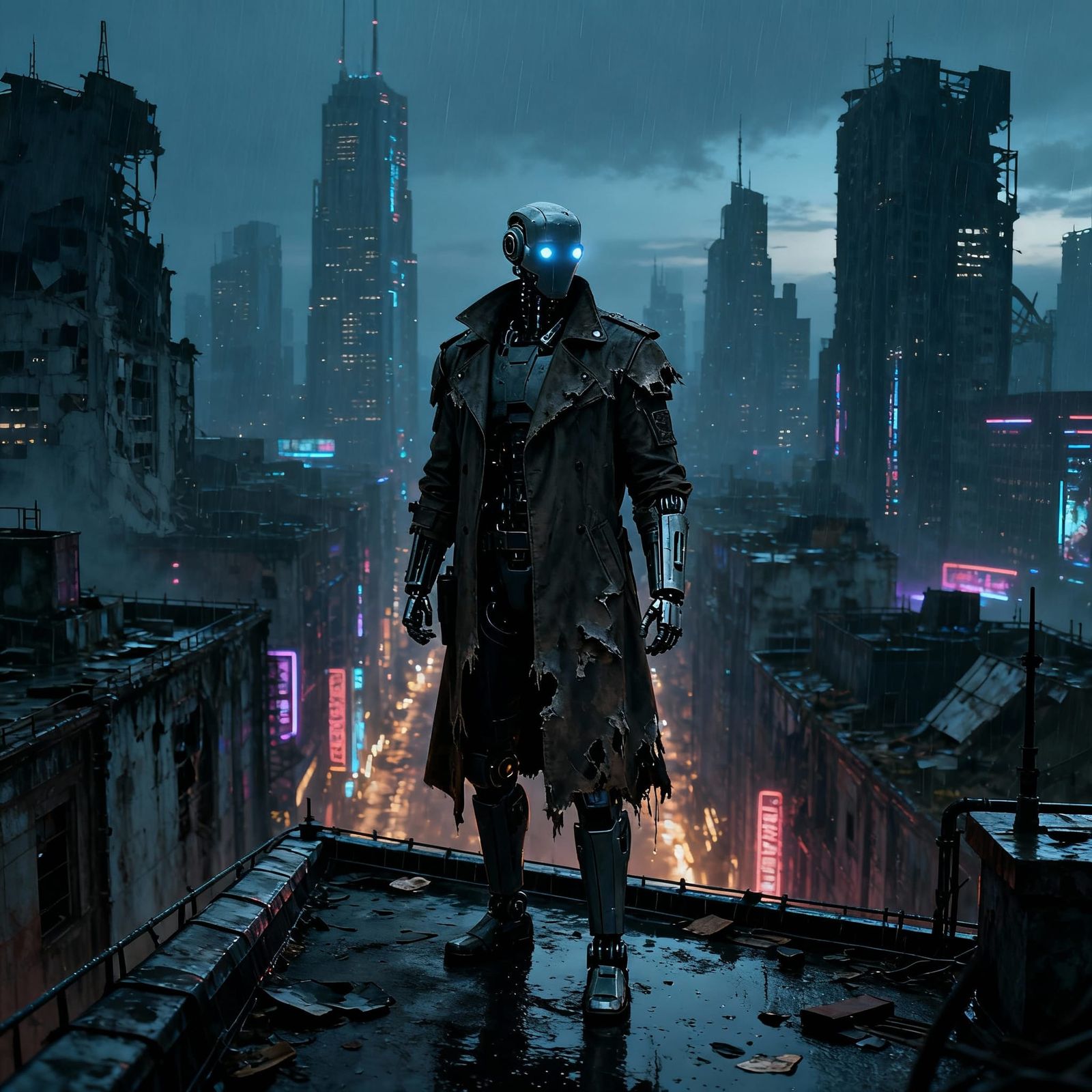 Android Bounty Hunter on Rooftop Overlooking Gritty Metropol...