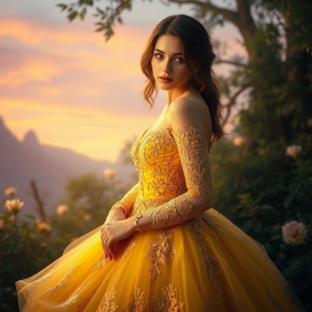 Ethereal Goddess in Radiant Yellow Ball Gown, amidst Dreamli...