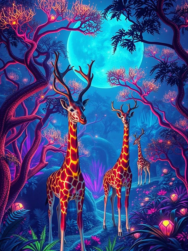 Whimsical Alien Jungle with Radiant Bioluminescent Flora and...