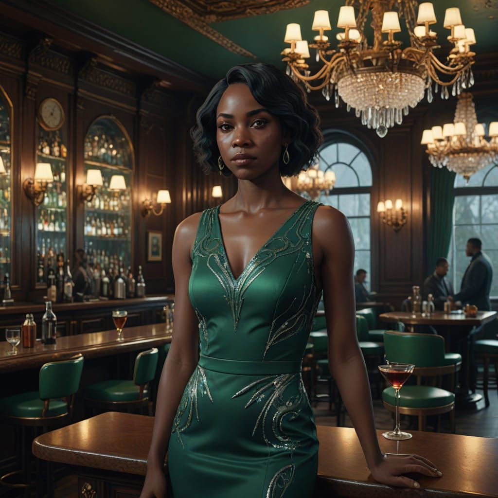 Confident Woman in Emerald Green Cocktail Dress at Luxury Ba...
