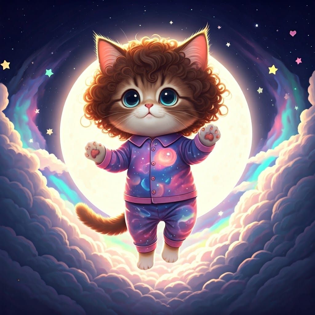 Chibi Kitten Leaping Through Starry Sky in 3D Anime Style