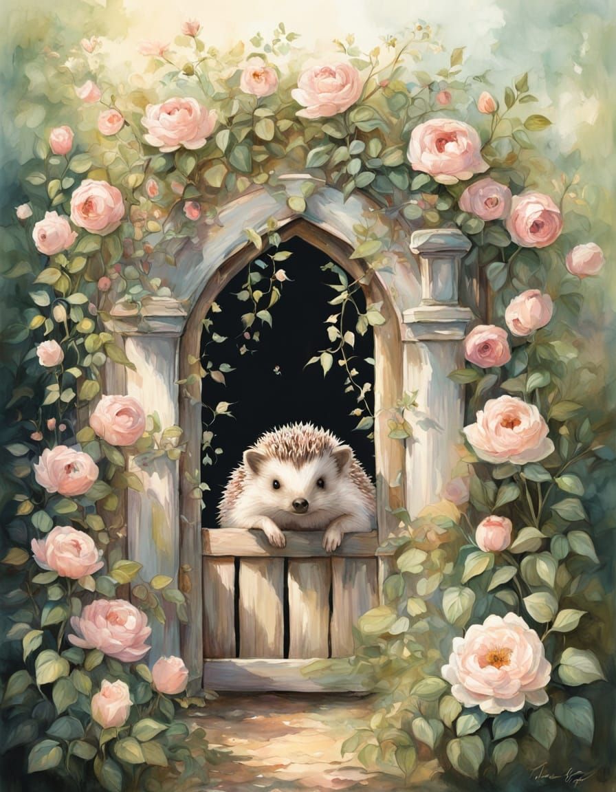 Whimsical Hedgehog in Enchanted Peony Garden