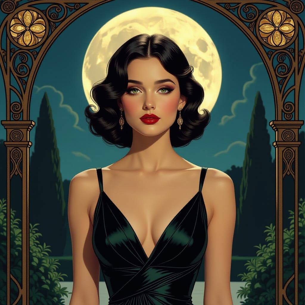 Futuristic Art Nouveau Woman in Moonlit Garden