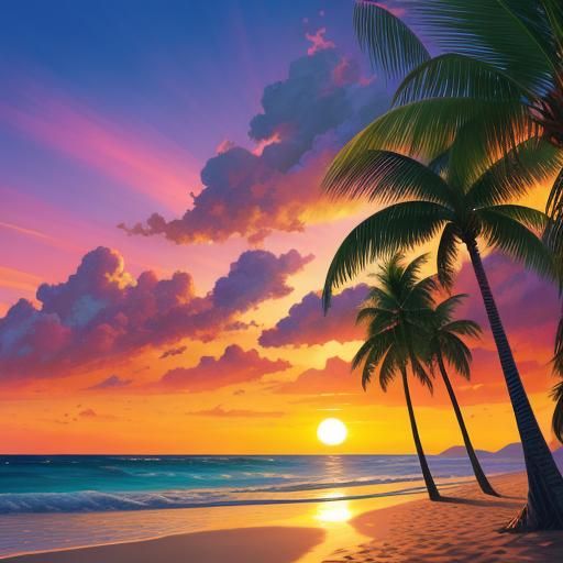 Hyperrealistic Sunset Beach with Palms Splash Art