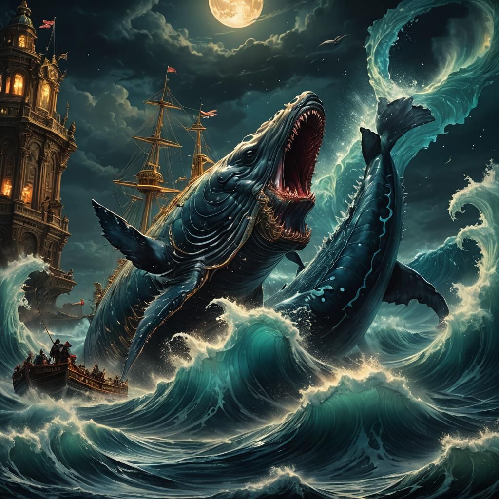 Leviathan and Whale Battle in Moonlit Ocean