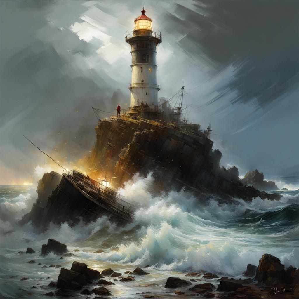 Dramatic Lighthouse on Rocky Shore in Stormy Night