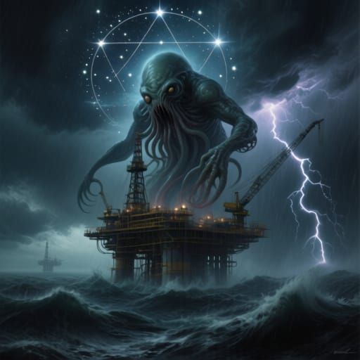 Cthulhu Emerges From Ocean Over Oil Rig in Cosmic Horror Sty...