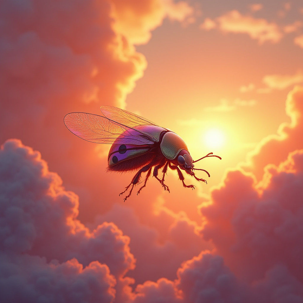 Ladybug Soaring Through Surreal Sunset, Digital Art
