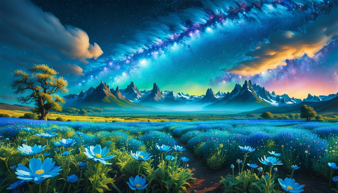 Bioluminescent Wildflower Field Under Cosmic Sky