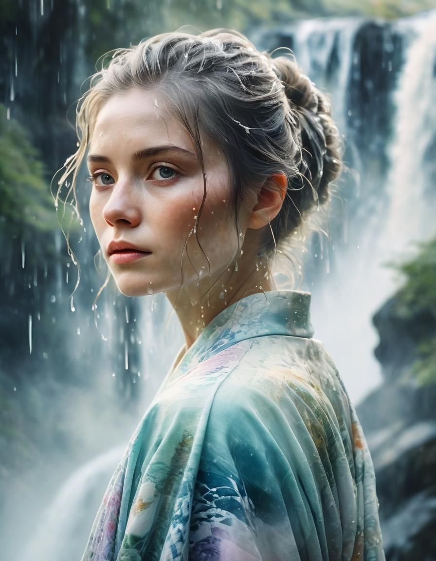 Serene Woman with Waterfall in Watercolor Portrait
