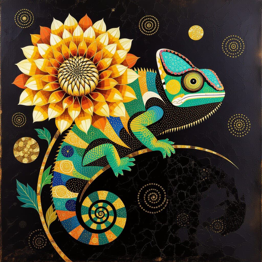 Klimt-Inspired Chameleon with Golden Chrysanthemum