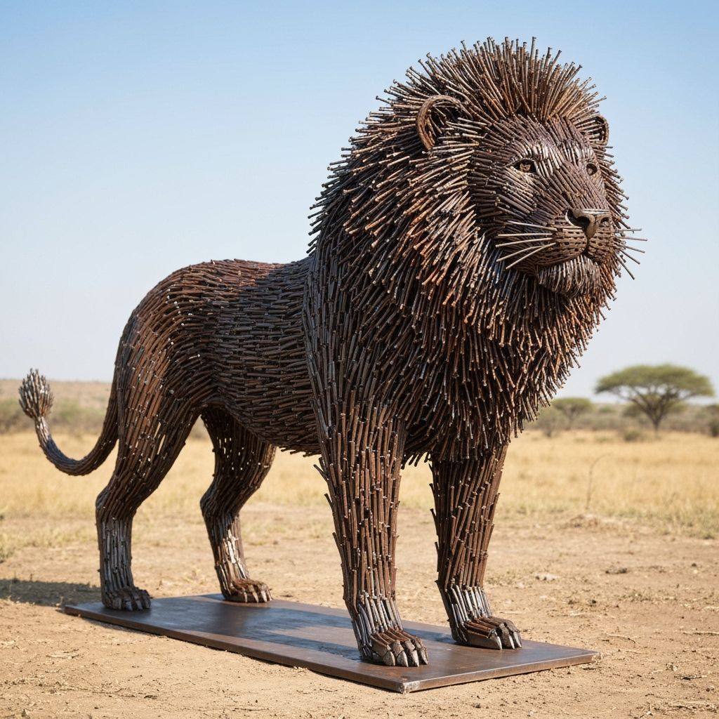 Lion Sculpture Made of Nails in Savanna
