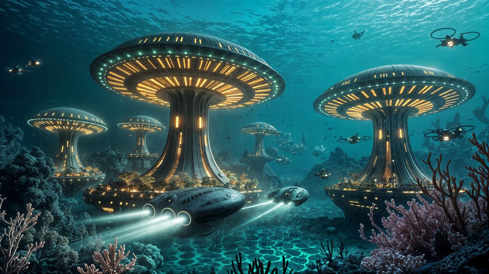 Futuristic Underwater City with Bioluminescent Lights