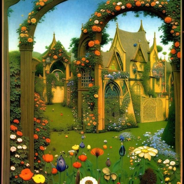 Exquisite Garden Flowers with Gothic Archways