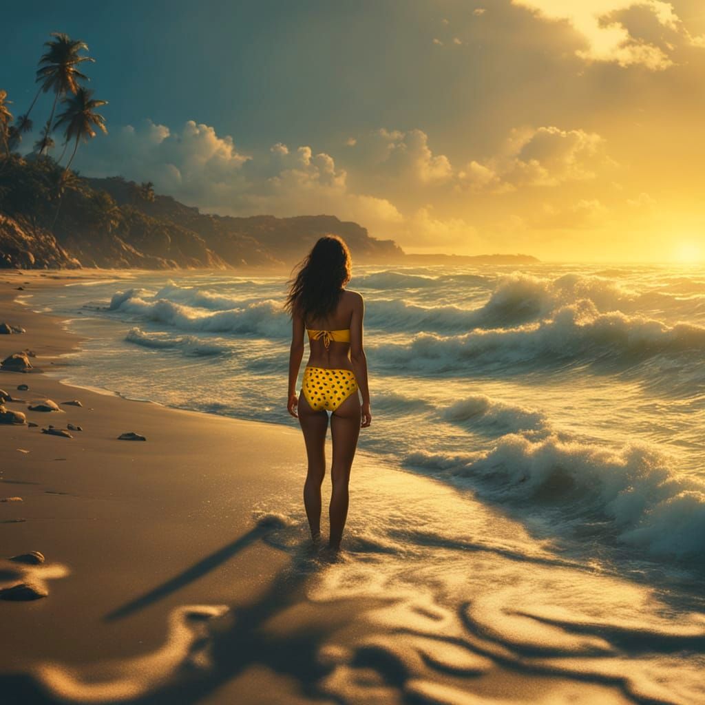 Brunette in Polka Dot Bikini on Beach