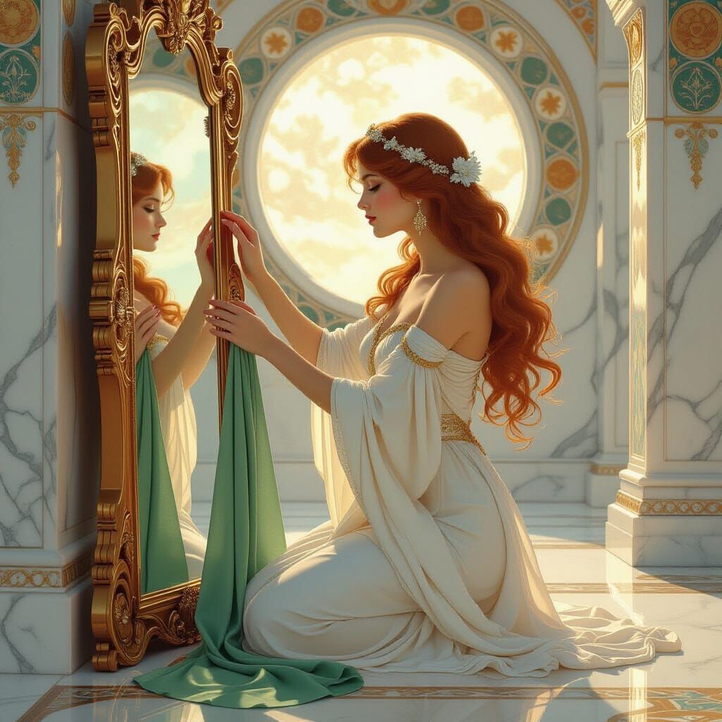 Celestial Maiden Polishing Sacred Mirror in Art Nouveau Temp...