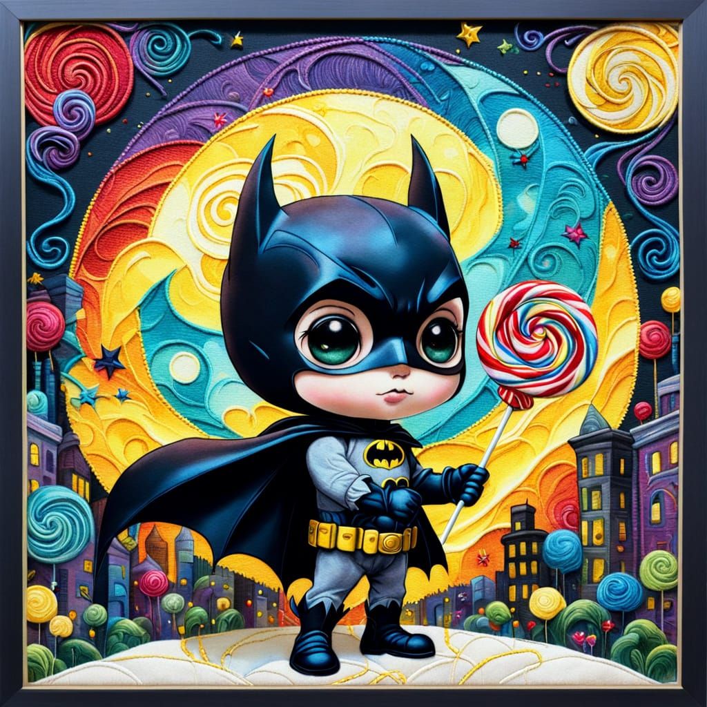 Cute Batman in City with Lollipop, Dreamlike Art