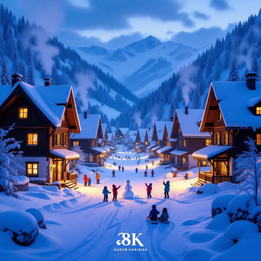 Peaceful Winter Village in Mountain Valley