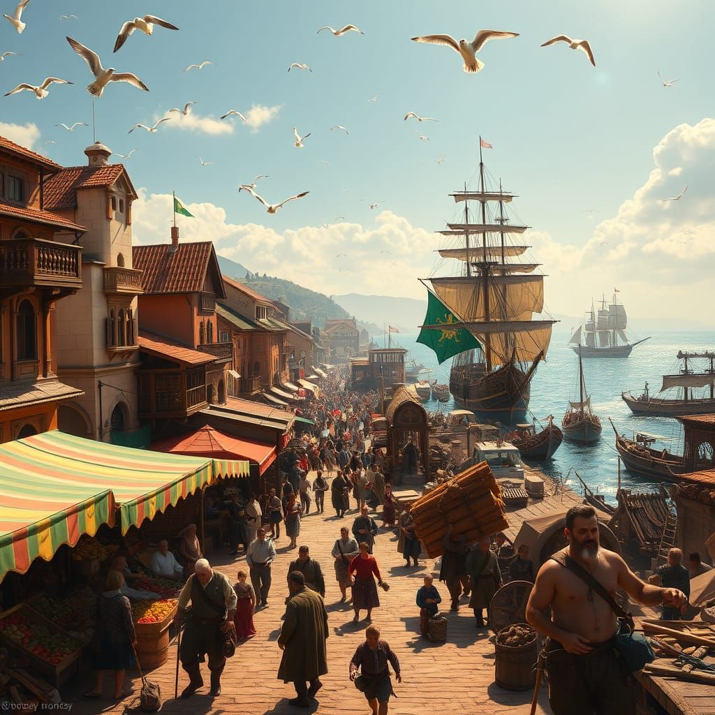 Renaissance Port City in Golden Midday Splendor