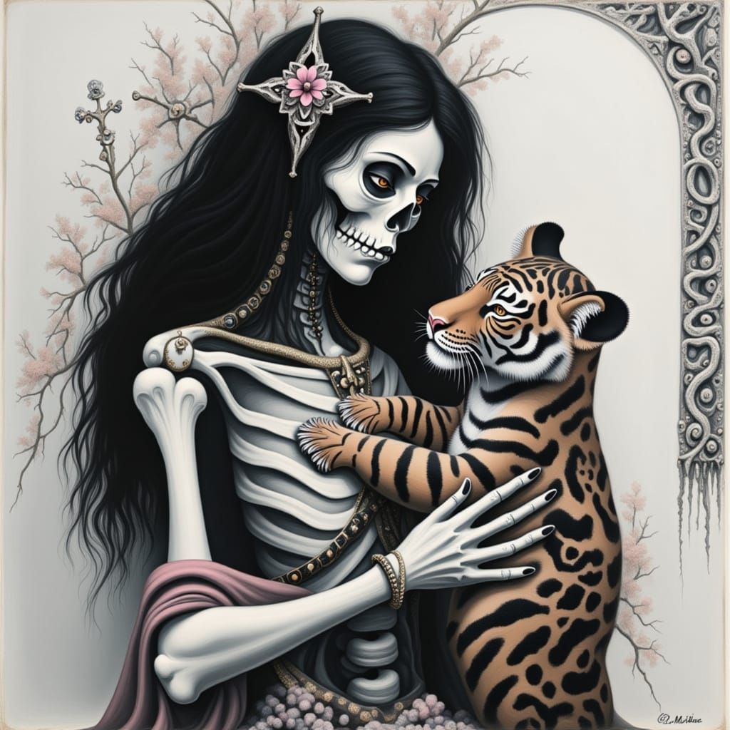 Indian Skeleton Woman with Tiger Cub