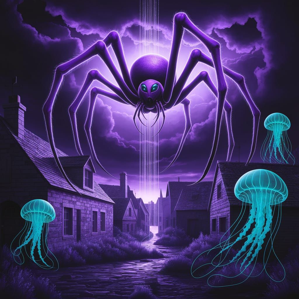 Purple Alien Spider Descends in Surreal Fantasy Art