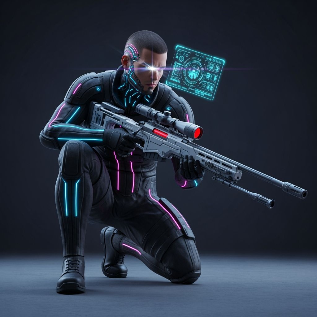 Tactical Figure in Cyberpunk Scene with Futuristic Rifle