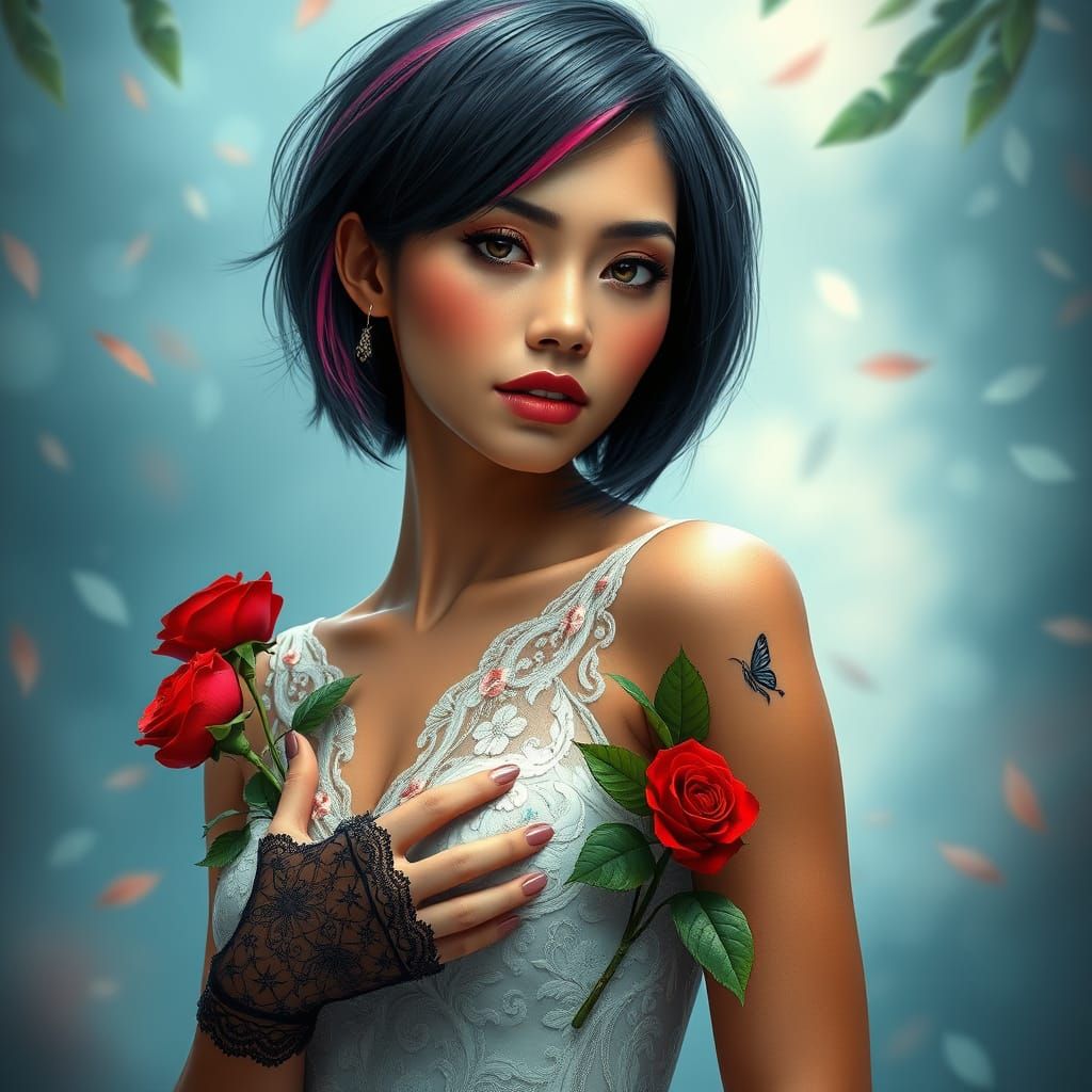 Elegant Mexican Woman with Floral Tattoos and Lace Outfit