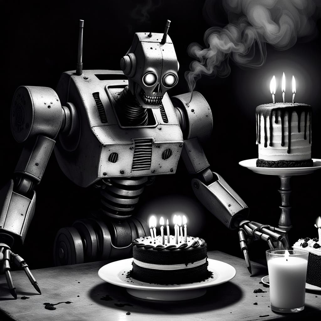 Evil Robot Approaches Half-Eaten Birthday Cake in Charcoal D...