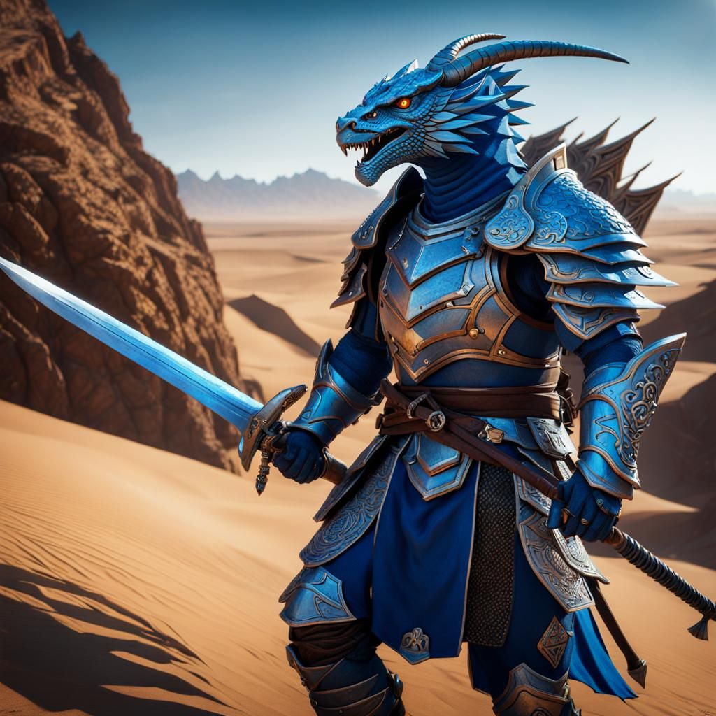 Dragonborn Samurai in Desert, Detailed Matte Painting