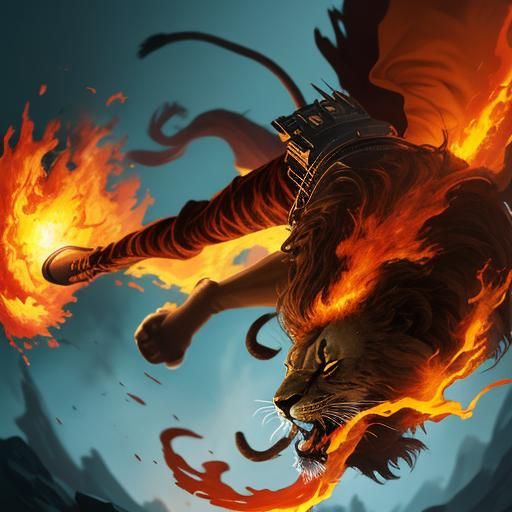 Aerial Somersault with Lions in Fiery Cinematic Style