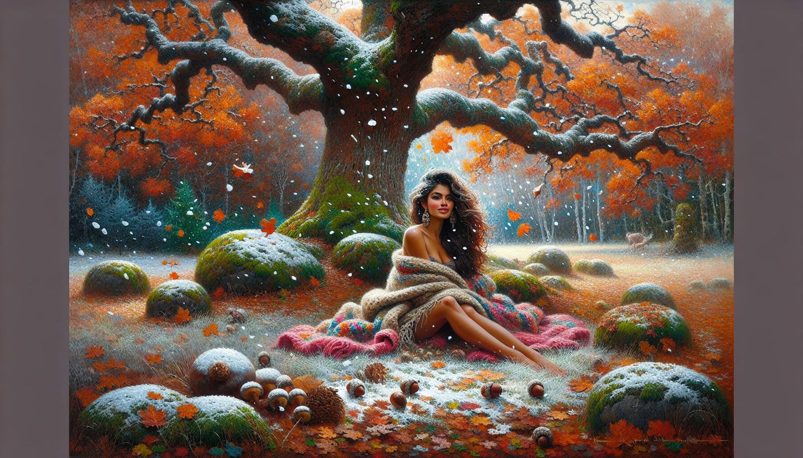 Autumn Woman in Snowy Landscape, Post-Impressionist Painting
