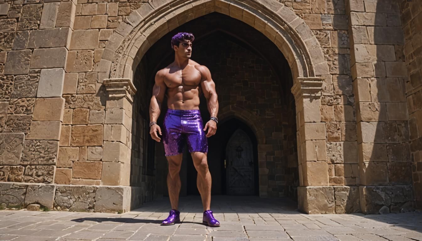Surreal Giant Bodybuilder in Ornate Castle