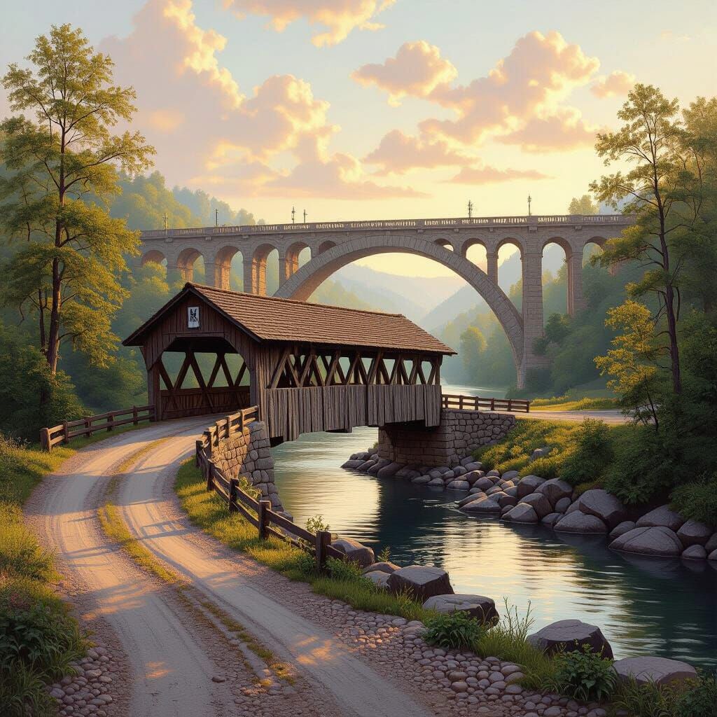 Covered Bridge and River Landscape in Luminous Oil Painting ...