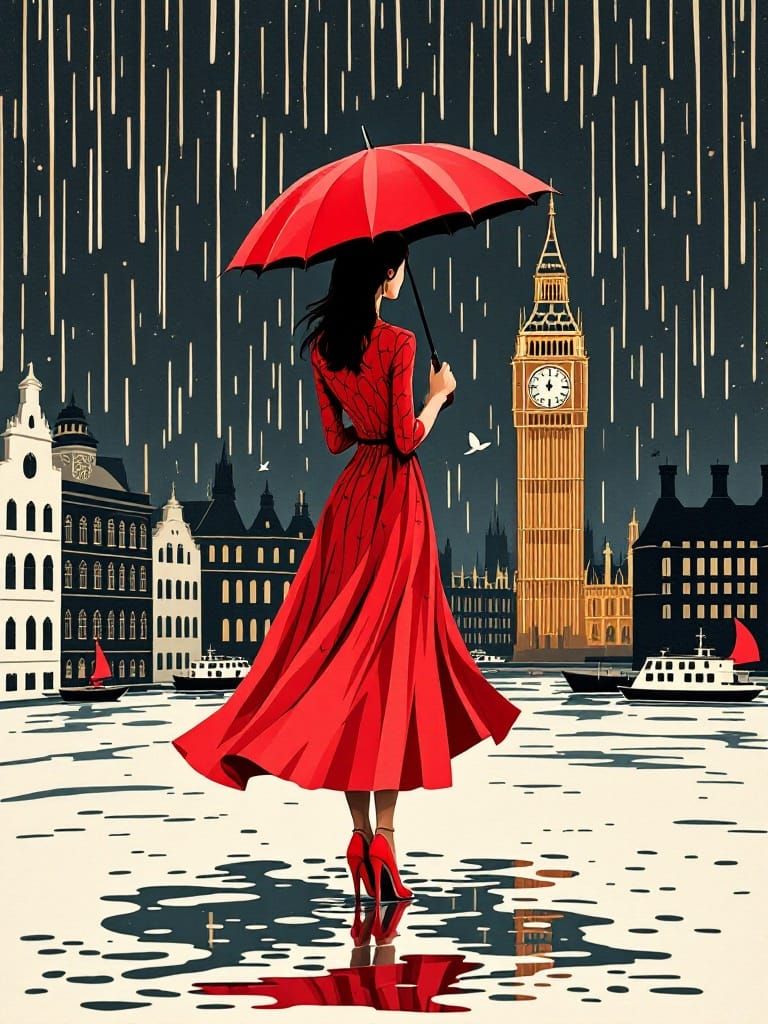 Elegant Woman Stands Poised in Rainy Night Cityscape