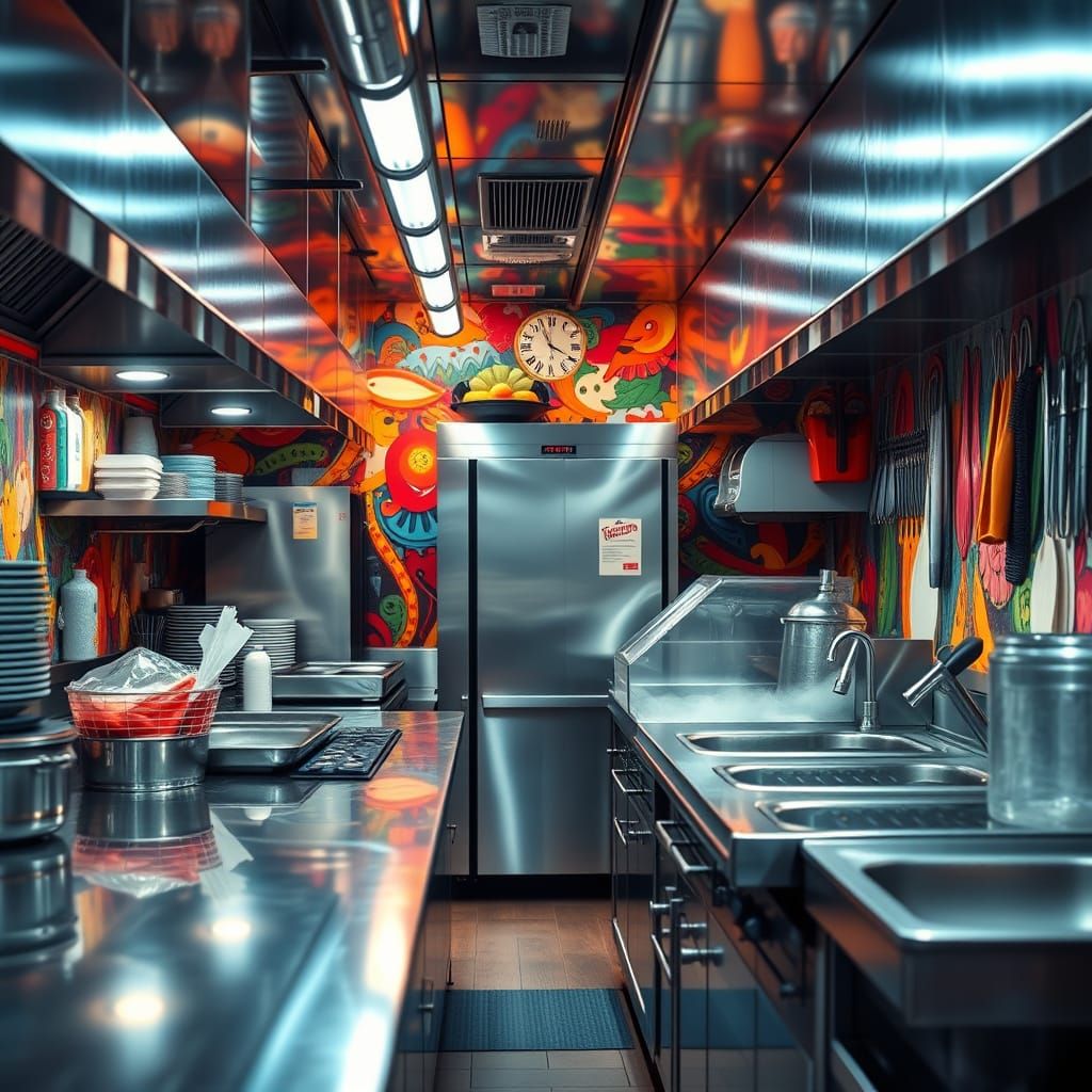 Restaurant Kitchen in Neon Art Style