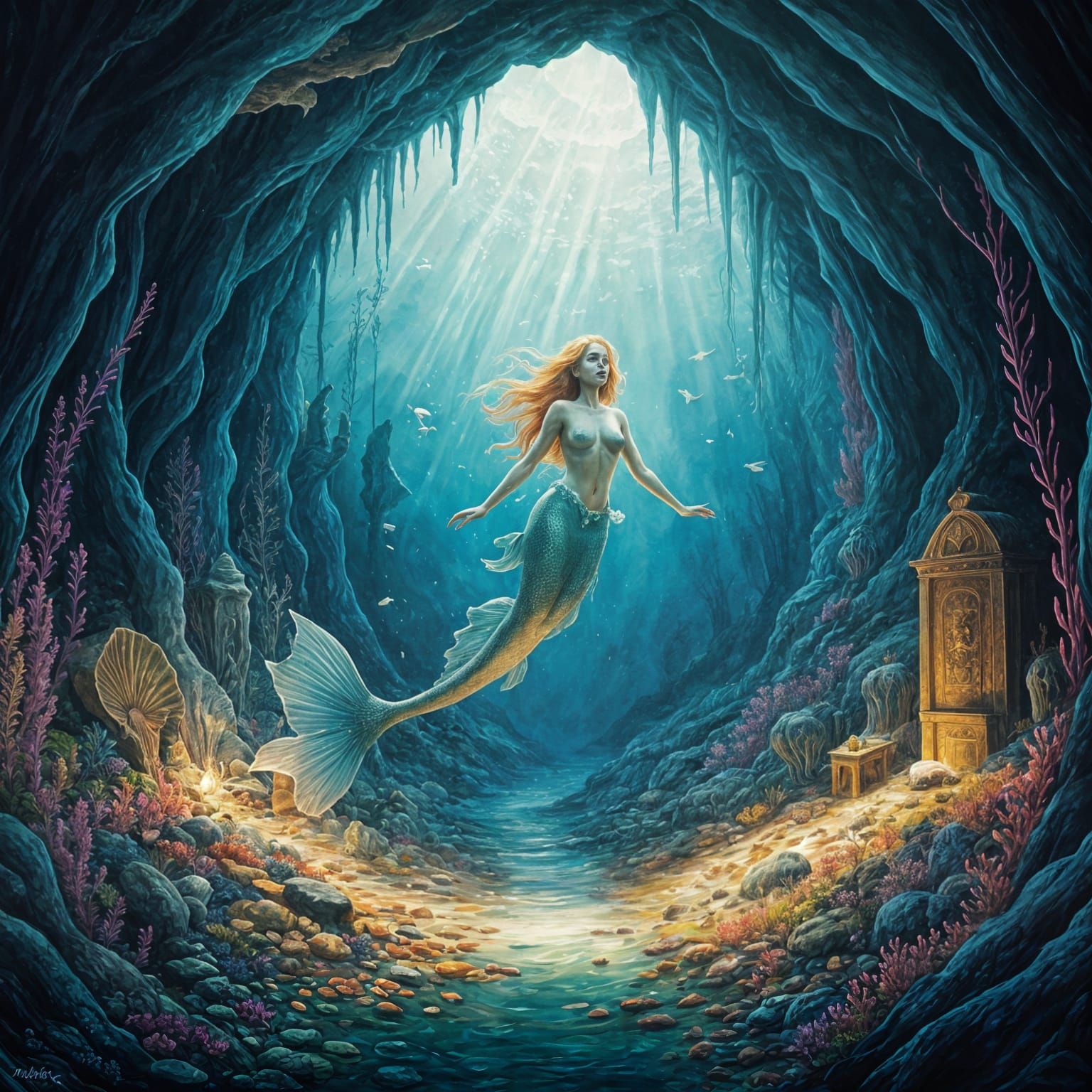 Surreal Mermaids Amidst Treasure in a Vibrant Gouache Master...